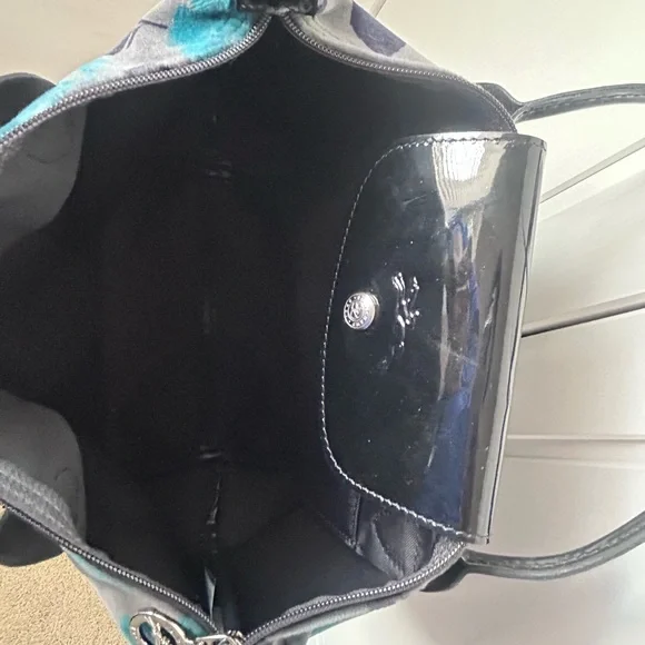 Longchamp tonal blue Floral Print Velvet Le Pliage Tote - Picture 5 of 5